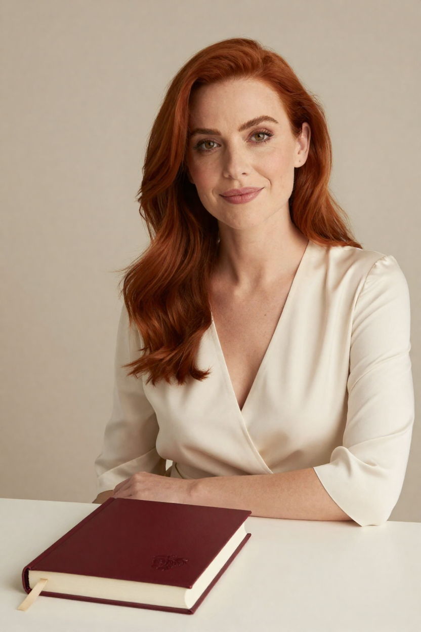 Fictional 29-year-old woman with a mature face and strong cheekbones, copper-red hair in long soft waves