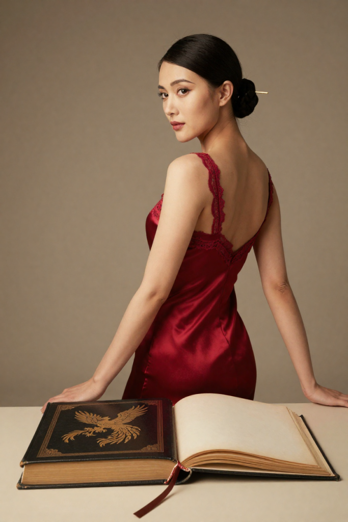 BioPhoenix muse in a scarlet satin slip dress beside the gilt phoenix-cover biography book